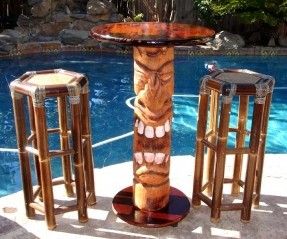 How to Build Your Own #Tiki Bar #Table and #Stools Outdoor Bar Height Table, Tiki Statues, Tiki Bars, Tiki Bar Decor, Tiki Decor, Tiki Totem, Tiki Tiki, Tiki Lounge, Tiki Art