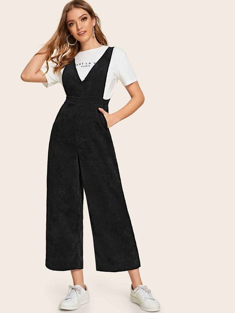 Solid Wide Leg Corduroy Jumpsuit | SHEIN USA Mesh Insert Dress, Corduroy Jumpsuit, Fringe Shirt, Striped Tunic Dress, Graphic Dress, Belted Shirt Dress, Dress Shirt Sleeves, Printed Shirt Dress, Shein Style