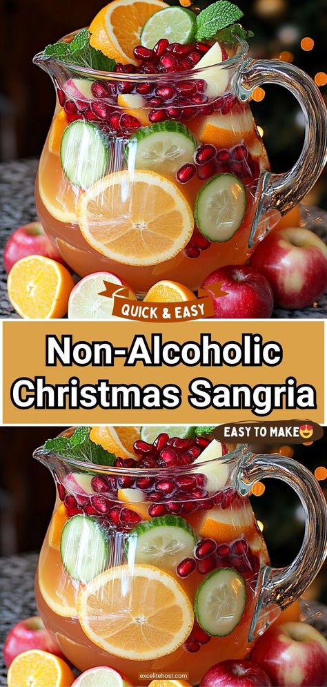 The holiday season is all about celebration, and nothing says festive quite like a beautiful, fruit-filled punch. This Non-Alcoholic Christmas Sangria is the perfect beverage for family gatherings, parties, or cozy evenings at home. It’s vibrant, refreshing, and filled with seasonal fruits, making it a delightful addition to your holiday table. Non Alcoholic Sangria Christmas, Christmas Sangria Non Alcoholic, Christmas Refreshment Ideas, Punch Recipes Non Alcoholic Christmas, Best Christmas Punch Non Alcoholic, Non Alcohol Sangria, Xmas Punch Non Alcoholic, Non Alcoholic Christmas Sangria, Christmas Beverages Non Alcoholic