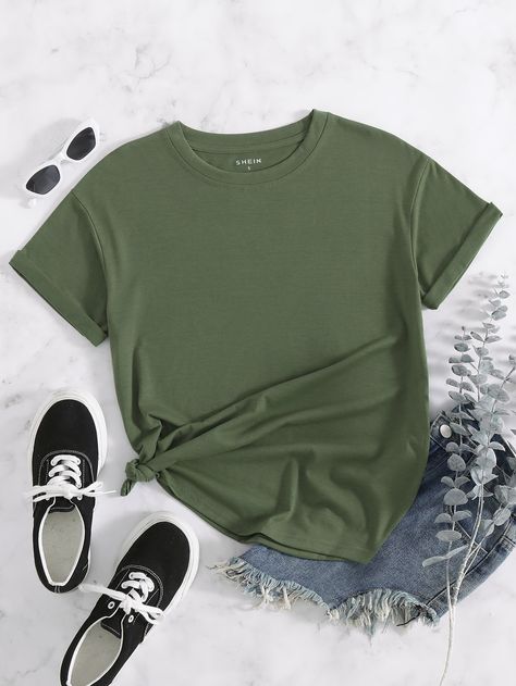 Army Green Casual Collar Short Sleeve Polyester Plain  Embellished Slight Stretch Summer Women Tops, Blouses & Tee Olive Green Tshirt Outfit For Women, Plain Shirt Outfit, Green Tshirt Outfit, Olive Green Shorts, Cute Shirt Designs, Vert Olive, Clothing Mockup, Round Neck Tees, Green Tshirt