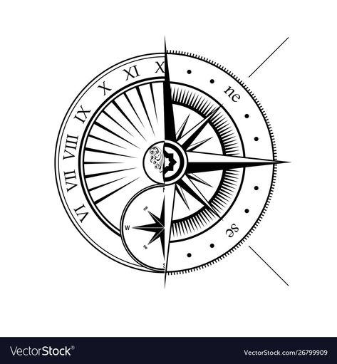 Sundial Tattoo, Alfabeto Viking, Time Piece Tattoo, Compass Clock, Deer Tattoo Designs, Clock Clipart, Wolf Tattoo Sleeve, Dark Naturalism, Tattoo Outline Drawing