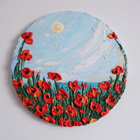 Sunlit Poppy Flower Garden 1 by Pooja Verma, #art #painting #abstractpainting #modernpainting #goldpainting Paintings On A Circle Canvas, Drawing On Circle Canvas, Thick Acrylic Painting On Canvas, Circle Acrylic Painting, Little Acrylic Paintings, Painting Ideas On Circle Canvas, Thick Paint On Canvas, Painting On Circle Canvas, Art Acrylic Painting Ideas