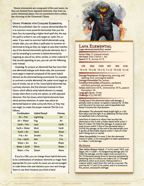 From page 164 of The Elements and Beyond, a D&D Unleashed Compendium. D&D Unleashed is free and fanmade. Get more (including the full 246-page compendium) at dndunleashed.com, or follow @EvilBenevolent on twitter for the newest updates. You can also find this monster in the homebrew section on D&D Beyond! Art Credit: "Magma Golem" by Seraph777 #dnd #dnd5e #dndhomebrew #ttrpg Dnd Elemental, Lava Elemental, Dnd Generator, Moon Druid, Dnd Statblocks, Dnd Creatures, Dungeons And Dragons Races, Fire Giants, Monster Manual