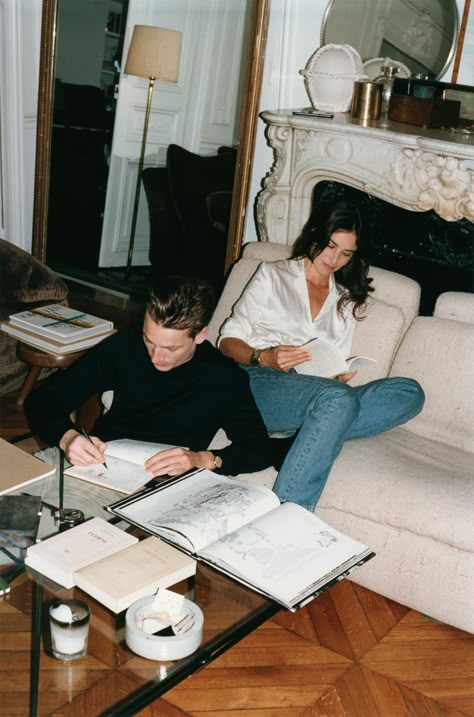 At Home With Festen, the Parisian Design Duo Perfecting Low-Key Chic | Vogue Family Photo Editorial, Photoshoot On Couch, House Photoshoot Ideas, Modern Parisian Home, Founder Photoshoot, Business Couple, Photoshoot Set, Parisian Design, Big Yachts