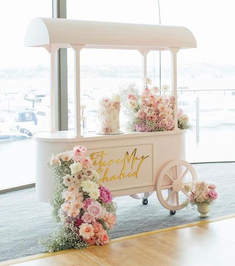 Girly Bar Ideas, Wedding Booth Ideas, Floral Dessert Table, Wedding Sweet Cart, Wedding Cart, French Tulips, Treasure Room, Dessert Cart, Cake Alternatives