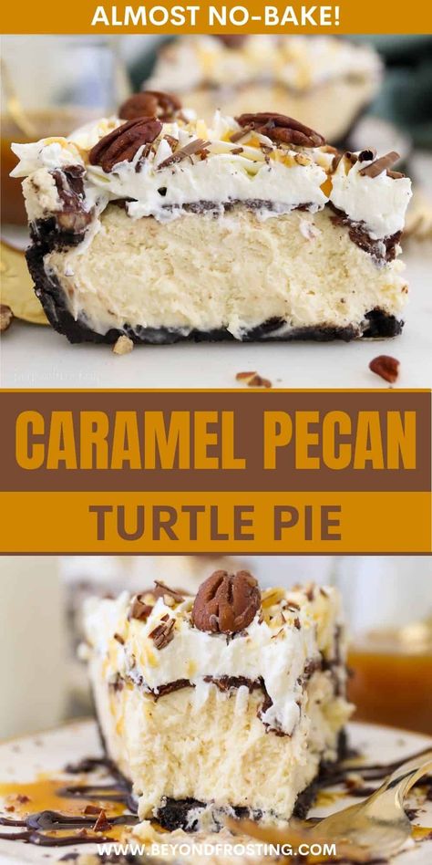 A little salty and a lot sweet, this Turtle Pie features a creamy caramel cheesecake filling topped with a crunchy layer of chocolate and pecans in a delightful Oreo crust. Top it off with some extra caramel and whipped cream for a decadent (but easy!) dessert. Turtle Pie Recipe, Pies Easy, Turtle Pie, Desert Bars, Refrigerated Desserts, Grub Hub, Pecan Turtles, Pecan Desserts, Easy Caramel