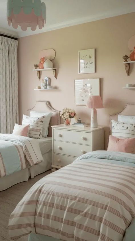 Twin Bed Frame Girls Room, How To Style A Single Bed, Bedroom With Twin Beds Ideas, Girls Room 2 Beds, Sister Bedroom Ideas Shared Rooms Small Spaces, Girls Bedroom Shared Sisters, 2 Sisters Bedroom, Kids Room 2 Beds, Two People Bedroom Ideas