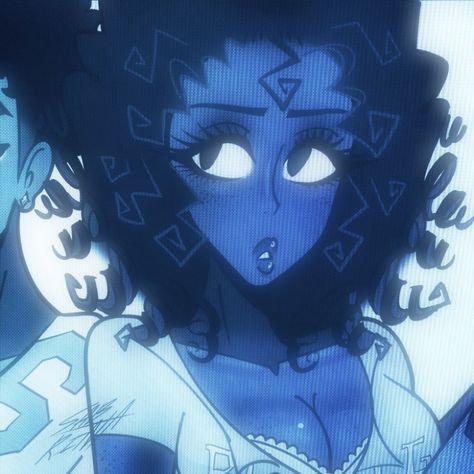 Blue Themed Matching Pfp, Matching Profile Pictures Couple Anime Black, Matching Pfp Couple Blue Aesthetic, Matching Pfp Curly Hair, Matching Black Pfp Couple, Dark Skin Matching Pfp, Poc Anime Couple, Black Matching Pfps For Couples, Couples Pfp Aesthetic