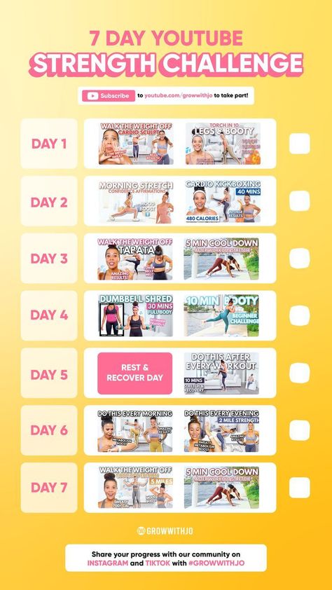 Want to build your strength and have fun doing it!? Then join me for this 7 day challenge!! You can find these workout videos on my  growwithjo Let's do this sis!! Grow With Jo Challenges, 7 Day Fitness Challenge, Growwithjo 30 Day Challenge, Growwithjo Challenge, Grow With Jo 30 Day Challenge, Best Workout Videos On Youtube, Growwithjo Workout Plan, 7 Day Challenge Workout, Grow With Jo Workout Plan