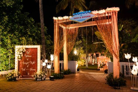 Wedding Entrance Name Board Decor, Wedding Name Board Indian Entrance, Sangeet Name Board, Sangeet Entrance Decor, Sangeet Entrance, Entrance Arch, Beige Theme, Name Board, Red Drapes