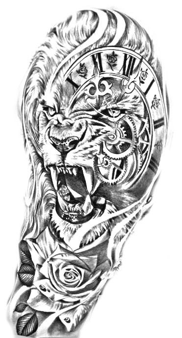 Lion Clock Rose Tattoo Design, Lion Clock Tattoo Design, Tiger Hand Tattoo, Lion Shoulder Tattoo, Clock And Rose Tattoo, Fake Skin Tattoo, Arm Tattoos Black, Cool Shoulder Tattoos, Mechanic Tattoo