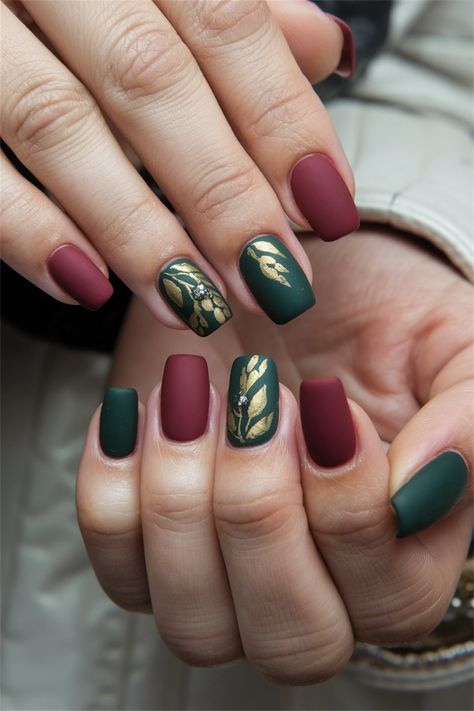 Embrace the cozy vibes of autumn with these chic square fall nail ideas! Featuring rich burgundy and golden accents, this nail style perfectly captures the essence of the season. The square shape adds a modern twist, making your nails look effortlessly stylish and sophisticated. Whether you're lounging at home or heading to a festive gathering, these nails will complement your fall wardrobe beautifully. #FallNailIdeas #NailArt #AutumnNails #SquareNails Green And Burgundy Nails, Burgundy And Green Nails, Burgendy Nails, Fall Nail Ideas, Wine Nails, Burgundy Nails, Nail Style, Rich Burgundy, Fall Nail