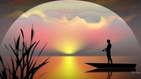 Sunset Fishing - sunset, lake, sky, fish, cat tails, boat, silhouette, evening, clouds, sport, fisherman, twilight Fishing Boat Drawing, Boat Drawing Simple, Fishing Net Wall Decor, Boat Silhouette, Fly Fishing Art, Cat Tails, Boat Drawing, Fish Silhouette, Sunset Lake