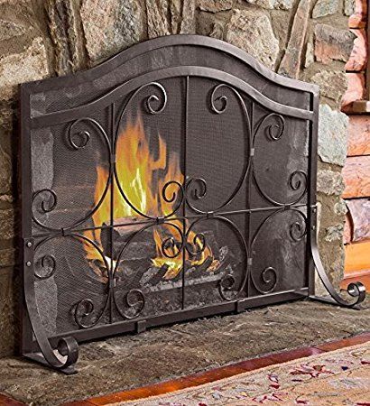 Plow & Hearth Crest Large Flatguard Fireplace Screen Wrought Iron Heavy Duty Metal Mesh Decorative Scroll Work Black Powder Coat Finish Free Standing Spark Guard, 44 W x 33 H Center, 27 1/4 H Ends Fireplace Screens With Doors, Iron Fireplace Screen, Metal Fireplace, Soya Mumu, Fireplace Doors, Fireplace Shelves, Iron Fireplace, Small Fireplace, Fireplace Entertainment