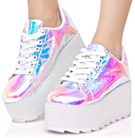 Hologram Shoes, Irregular Choice Heels, Pink Platform Shoes, Mode Converse, Holographic Fashion, Pink Platform, 일본 패션, Sneakers Platform, Pink Platforms