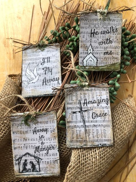 Set of 4 Hymnal Ornaments, Handmade Hymn Ornament, Christmas Ornament, Hymnal Art, Christian Hymn, Home Decor, Wood Ornament, Tier Tray - Etsy Old Hymnal Crafts Diy, Vintage Wooden Ornaments, Christmas Ornaments Homemade Wood, Hymnal Ornaments, Hymnal Page Crafts, Advent Projects, Hymnal Art, Sheet Music Decor, Crafts For Men