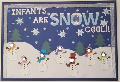 January Infant Classroom Door Ideas, Infant Winter Door Ideas, Infants Christmas Bulletin Board, December Bulletin Boards For Daycare, Winter Boards Bulletin For Daycare, Infant Snowman Art, January Infant Bulletin Board Ideas, Christmas Decor Ideas For Infant Classroom, Winter Bulletin Boards For Daycare