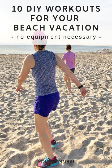 Heading to the beach for vacation? Grab these 10 no equipment necessary workouts to take with you. You won't need a gym - just yourself and a beach (or a park) to get these workouts in. #getfit #workout #workoutmotivation #beachworkout #beachvacation #vacationworkouts Beach Workout No Equipment, Beach Bootcamp Workout, Sand Workouts Beach, Vacation Workout Plan, Beach Exercises, Workout On The Beach, Sand Workout, Beach Workout Routine, Beach Exercise