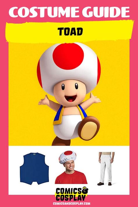 Toad Costume Guide | DIY Cosplay w/ Mushroom Hat Diy Mario Mushroom Costume, Toad Mushroom Hat, Toad Diy Costume, Diy Toad Hat, Diy Toad Costume Mario Bros, Toad Costume Diy, Toad Costume Diy Women, Diy Toad Costume, Mario Toad Costume