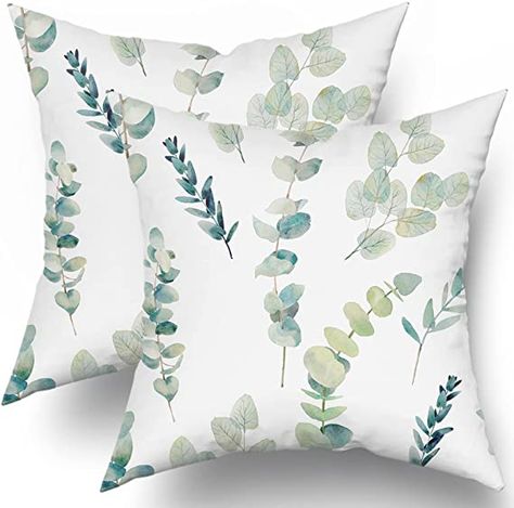 Green Leaf Watercolor, Sage Throw Pillows, Green Pillow Covers, Watercolor Eucalyptus, Eucalyptus Branches, Green Leaf Print, Leaves Pillow, Floral Branch, Green Throw Pillows