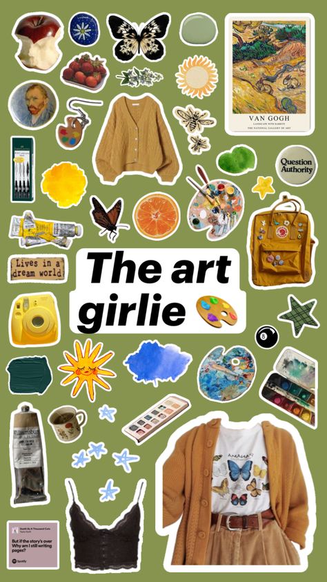 The art girlie 🎨🖌️🖼️🦋 #art #artgirlie #arthoe #arthoeaesthetic #artaesthetic #cottagecore #goblincore #aesthetic #paint Arthoe Aesthetic Outfit, Art Kid Aesthetic, Aesthetic Paint, Arthoe Aesthetic, Question Authority, Goblincore Aesthetic, Goblin Core, Mom Art, Aesthetic Outfit