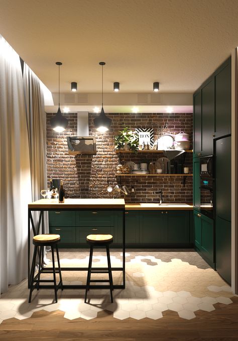 Kitchen Brick Wall, Brick Living Room, Dark Green Kitchen, Decor Ideas Kitchen, Urban Kitchen, Brick Kitchen, Organization Kitchen, Kitchen Decorating, Green Kitchen