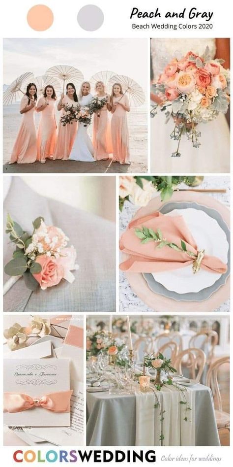 Peach Beach Wedding, Light Gray Suits, Wedding Color Schemes Gold, Peach Boutonniere, Beach Wedding Color Palette, Peach Wedding Theme, Coral Wedding Colors, Peach Wedding Colors, Orange Wedding Bouquet