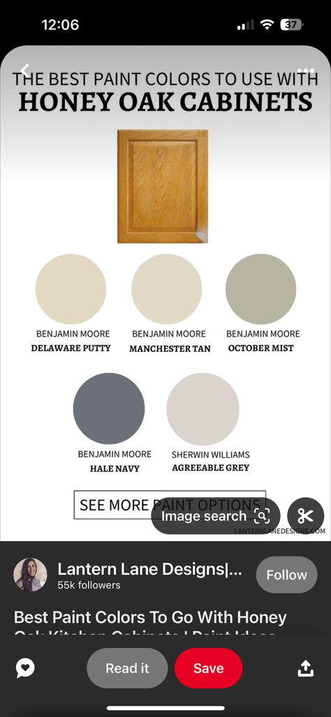 Paint That Compliments Honey Oak, Manchester Tan Benjamin Moore, Honey Oak Trim, Honey Oak Cabinets, Paint For Kitchen Walls, Oak Trim, Maple Cabinets, Kitchen Wall Colors, Honey Oak