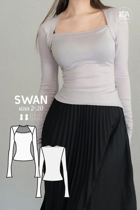 SWAN Shoulder Wrap Balero Fitted Top PDF Digital Sewing Pattern for Women Sizes 2-20. The pattern for feminine elegance 🦢 SWAN Stretch Knit Fitted Top PDF Digital Sewing Pattern for Women Sizes 2-20 After your purchase you will receive: an instructional ebook, the pattern in 10 sizes and 2 formats, A4/Letter and A0 copyshop, and the video tutorial. Swan Sweater, Sewing Projects Clothes, Feminine Elegance, Mesh Tops, Diy Vetement, Shoulder Wrap, Kleidung Diy, Top Sewing Pattern, Ropa Diy