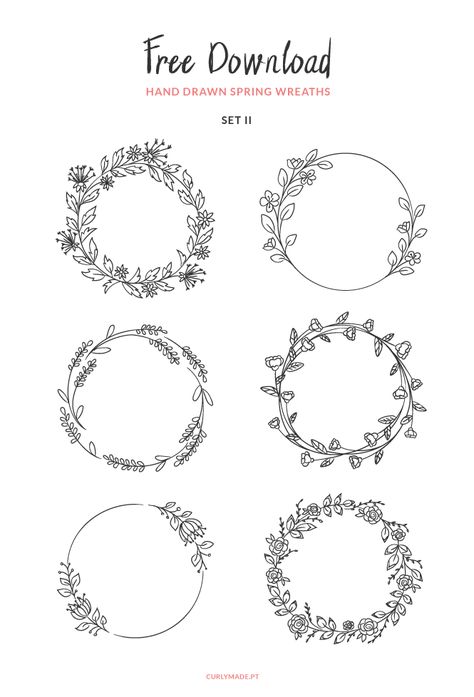 Download: Hand Drawn Spring Wreaths  – Scrap Booking Idee Cricut, Pola Bordir, Wreath Drawing, Spring Wreaths, Pola Sulam, Embroidery Patterns Free, 자수 디자인, Cricut Creations, Journal Doodles