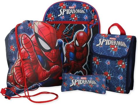 PIECE SPIDER-MAN BACKPACK SET - This Spider-Man backpack set is a great value. Included in this set is a stylish 16 inch backpack, a thinly insulated reusable lunch bag, a cool drawstring sack, a utility pencil case for smaller items and a Spider-Man key chain. This matching Spider-Man school bag set is the perfect back-to-school set at a very affordable price. This backpack measures approximately 16" X 12" X 5". Avengers Backpack, Boys 16, Mens Lunch Bag, Cinch Sack, Reusable Lunch Bags, Gadget Case, Backpack Set, Cinch Bag, School Sets