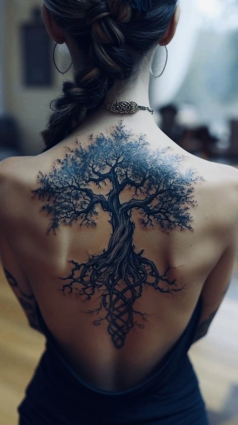 Shoulder Tree Tattoos For Women, African Roots Tattoo, Tree Of Life Tattoo For Women On Back, Oak Tree Back Tattoo, Symmetrical Tattoos For Women, Tree Back Tattoo Black Women, Tree Of Life Tattoo Back For Women, Calf Tree Tattoo, Willow Tree Spine Tattoo