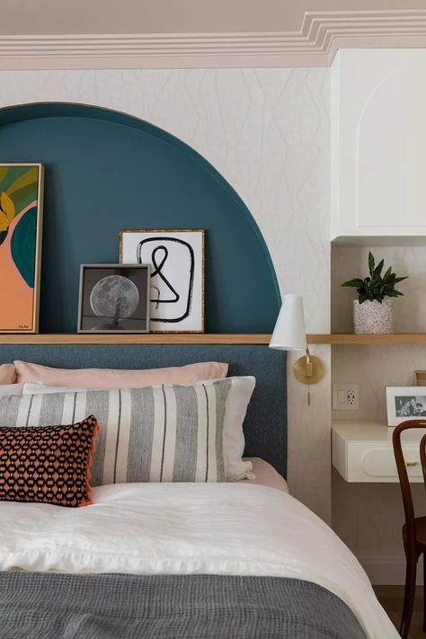 Philly Rowhome, Greek Bedroom, Dreamy Interior, Paint Tricks, Wall Behind Bed, Shelf Above Bed, Painted Headboard, Bobby Berk, Bedroom Wall Paint