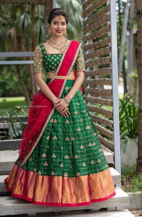 Pattu Langa Oni Designs, Langa Oni Designs, Green Red Lehenga, Langa Voni Half Saree, Pink Half Sarees, Silk Half Saree, Half Saree Function, Langa Voni, Keep Me Stylish