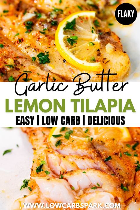 Lemon Garlic Butter Tilapia, Garlic Butter Baked Talipia, Healthy Baked Tilapia, Talipia Recipes Broiled, Lemon Butter Tilapia Baked, Talapia Ideas Meal Prep, High Protein Tilapia Recipes, Frozen Tilapia Recipes Baked, Pan Tilapia Recipes