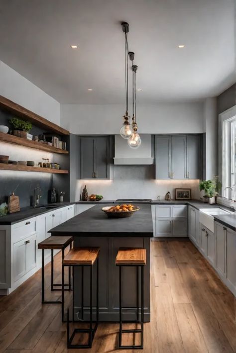 A kitchen island with layered lighting and a dark wood countertop Iron Ore Kitchen Island, Iron Ore Kitchen, Grey Wood Floors Kitchen, Dark Gray Wood, Layered Lighting, Island Countertop, Kitchen Island Light, Grey Wood Floors, Wood Countertop