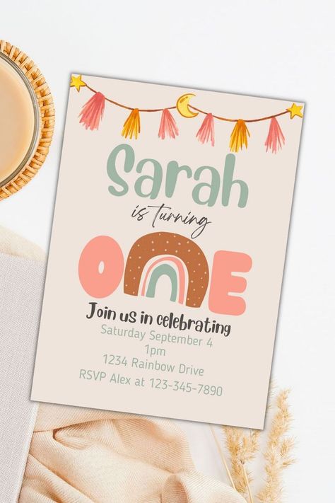 Boho One Rainbow Birthday Invitation Template. This is a digital invitation template. Easily customize and edit with Canva. Boho Rainbow Party. Baby girl One Boho Birthday. Rainbow Invitation. Editable rainbow invite. Rainbow Template, Boho Rainbow Party, Rainbow Invitation, Rainbow First Birthday, Rainbow Birthday Invitations, Rainbow Invitations, Perfect Birthday Party, Boho Birthday, Rainbow Party