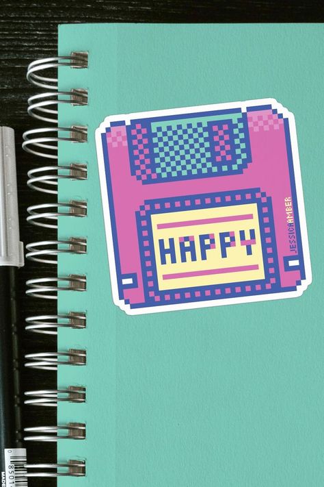 A cute pixel art design of a floppy disk, with the word Happy on the label. Fun gift idea for nostalgic computer-lovers. Stickers come in four sizes, and three finishes: matte, glossy or transparent. Great to decorate waterbottles, laptop or school books. Floppy Disk Pixel Art, Floppy Disk, Pixel Art Design, Happy Words, Gamer Girl, Pencil Case, Pixel Art, Best Gifts, Art Design