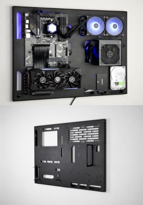 ABK Design Wall-Mount PC Case Cpu Design Pc Cases, Wall Mounted Pc Build, Wall Pc Build, Pegboard Pc Setup, Open Air Pc Case, Gaming Pc Case Design, Pc Case Mod Custom Pc, Pc Design Ideas, Pc Case Diy