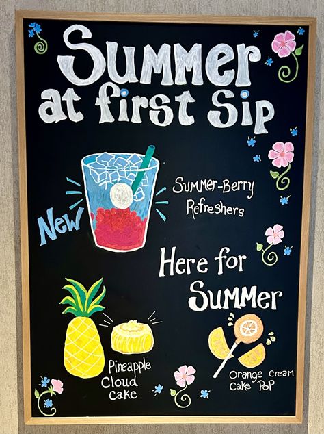 Starbucks Chalkboard Art, Starbucks Chalkboard, Boba Shop, Cloud Cake, Summer Menu, Chalkboard Ideas, Work Art, Chalk Markers, Chalkboard Art