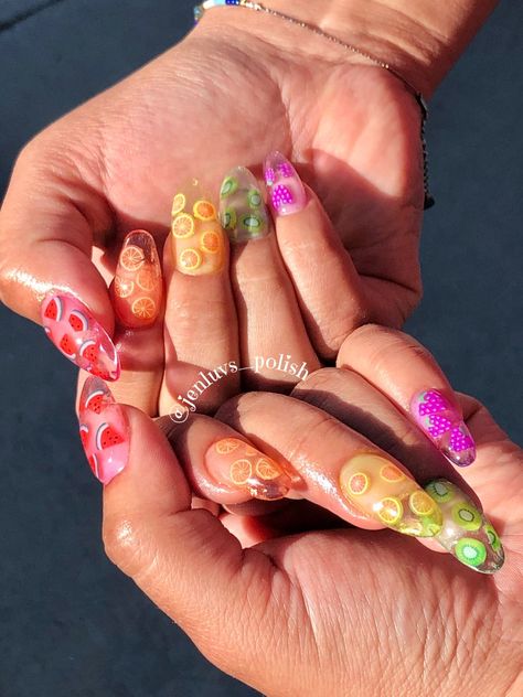 Dive into Summer: Nail Designs That Will Make 2023 | Summer Nails Art Fruity Nails Acrylic, Fruit Nails Acrylic Encapsulated, Strawberry Charm Nails, Summer Nails With Fruits, Fruit Charm Nails, Fruit Inspired Nails, Fruit Gel Nails, Dragonfruit Nails, Food Nails Designs