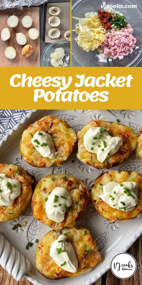 Cheesy jacket potatoes made from baked potato filling mixed with ham, cheese, chives and sun-dried tomatoes then topped with cheese. These tasty potatoes can be served as a light meal with a side salad or as an on-the-go snack or as pass-around party food. Customise the filling ingredients to suit your preferences and diet. #vjcooks #jacketpotatoes Jacket Potato Fillings, Roasted Veges, Chicken Pot Pie Dinner, Broccoli Salads, Vj Cooks, Jacket Potatoes, Potato Filling, Stuffed Potatoes, Ham Potato