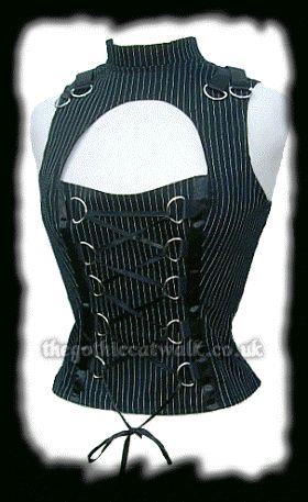 I used to make tops like these, with the "hole" in the neckline. Like it with pinstrip fabric but I don't like the rings for the lacing. Sleeveless Corset Top, Goth Tops, Corporate Goth, Gothic Tops, Corset Tops, Gothic Clothes, Gothic Corset, Funky Outfits, The Gothic