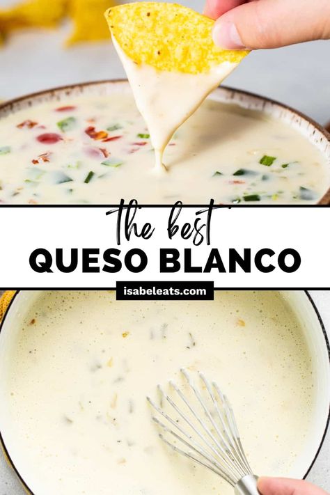 Queso blanco is the most delicious white cheese dip you’ll ever have! This easy recipe is rich, creamy, and better than your favorite restaurant-style queso. It’s the perfect addition to any football watch party, taco Tuesday, or just as a snack. Queso White American Cheese, White Nacho Cheese Sauce Queso Blanco, Velvet Taco Queso Recipe, Authentic Queso Blanco, Fuzzy Taco Queso Recipe, Uncle Julio’s Queso, Restaurant White Queso Dip, Quest Dip Recipes, No Velveeta Queso Dip