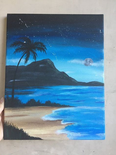 Night Beach Canvas Painting, Night Beach Painting Acrylic, Night Time Beach Painting, Beach At Night Drawing, Beach Pastel Art, Pairing Ideas On Canvas, Summer Night Painting, Naturalisme Painting, Naturalisme Art Simple