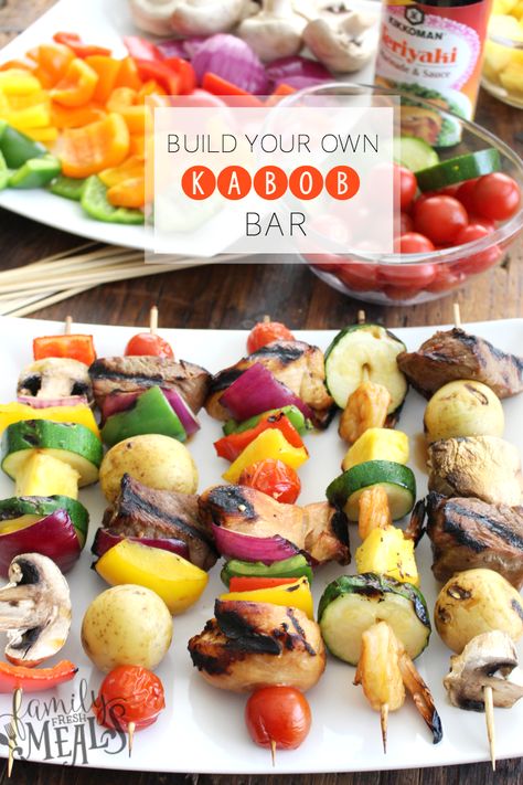 It's summertime baby!  And what better way to kick off the backyard grilling season than with a Build Your Own Kabob Bar! You have a little bit of everything, and create a build-your-own kabob bar for your friends, and let them customize their own meal! Kabob Bar, Campfire Cooking Recipes, Roast Beef Sandwich, Grilling Kabobs, Easy Sheet Pan Dinners, Sandwich Bar, Fresh Meals, Family Fresh Meals, Campfire Cooking