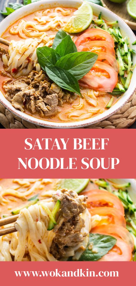 This creamy satay beef noodle soup is my go-to for every winter! You'll love this easy, delicious and warming recipe! #satay #beef #noodles #noodlesoup #asianfood #comfortfood #vietnamesefood #chinesefood Satay Soup, Satay Beef, Beef Satay, Beef Noodles, Asian Noodle, Asian Beef, Food Soup, Satay Sauce, Quick And Easy Soup