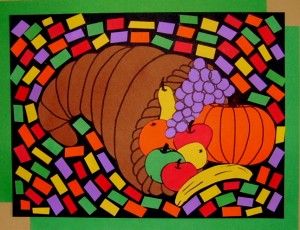 Cornucopia Cornucopia Craft Preschool, Cornucopia Art, Cornucopia Craft, Thanksgiving Arts And Crafts, Thanksgiving Art Projects, 1st Grade Crafts, Fruit Shapes, Preschool Crafts Fall, Thanksgiving Tree