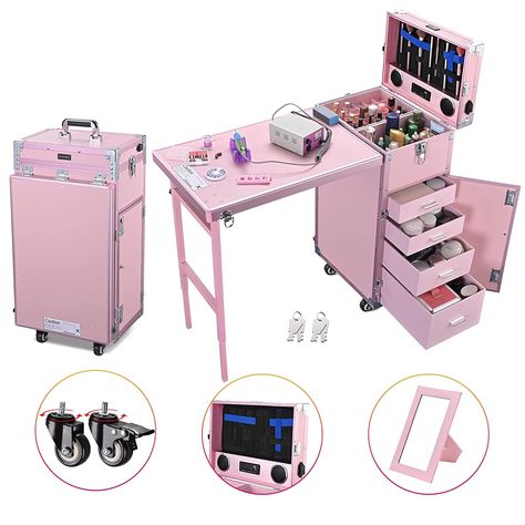 Right here is a nail tech desk that has a speaker different organizer drawers , wheels and more good for travelling or perfect for space Nail Desk, Cosmetic Train Case, Mobile Nails, Nail Polish Storage, Makeup Train Case, Manicure Table, Makeup Rooms, Work Station Desk, Train Case