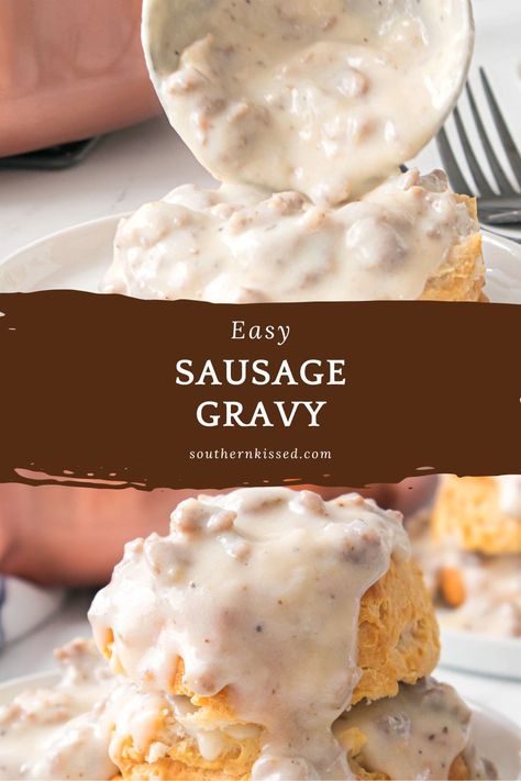 White gravy with pieces of sausage being spooned over a biscuit. Baked Sausage Gravy And Biscuits, Easy Homemade Country Gravy, Homemade Gravy With Flour And Grease, Peppered Sausage Gravy Recipe, White Gravy With Sausage, Quick Sausage Gravy, Sausage Gravy Bob Evans Recipe, Gluten Free Sausage Gravy Recipe, Sausage Gravy From Scratch